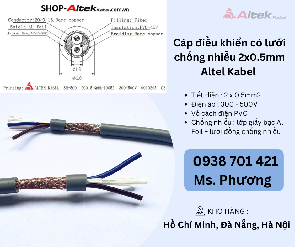 Cáp điều khiển có lưới chống nhiễu 2x0.5mm Altel Kabel Đà Nẵng, Hà Nội, Hồ Chí M